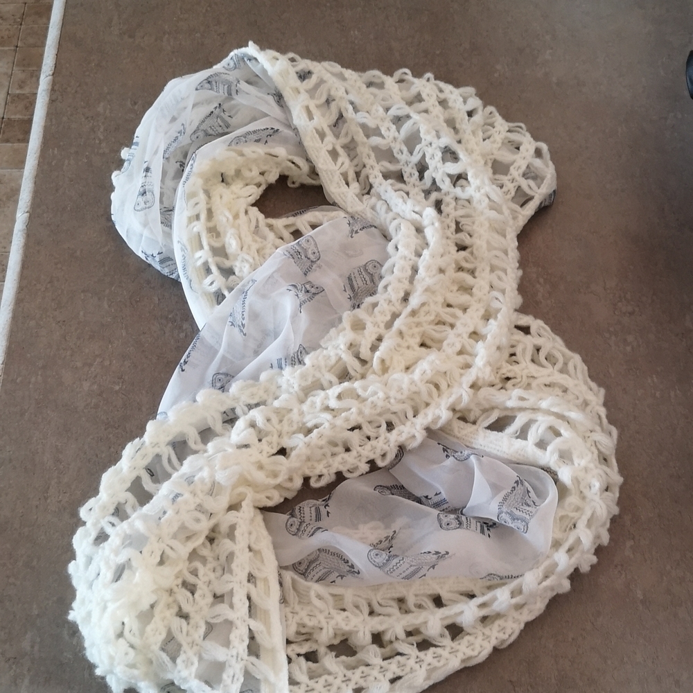 Mixed Media Owl Print Cream and White Infinity Scarf